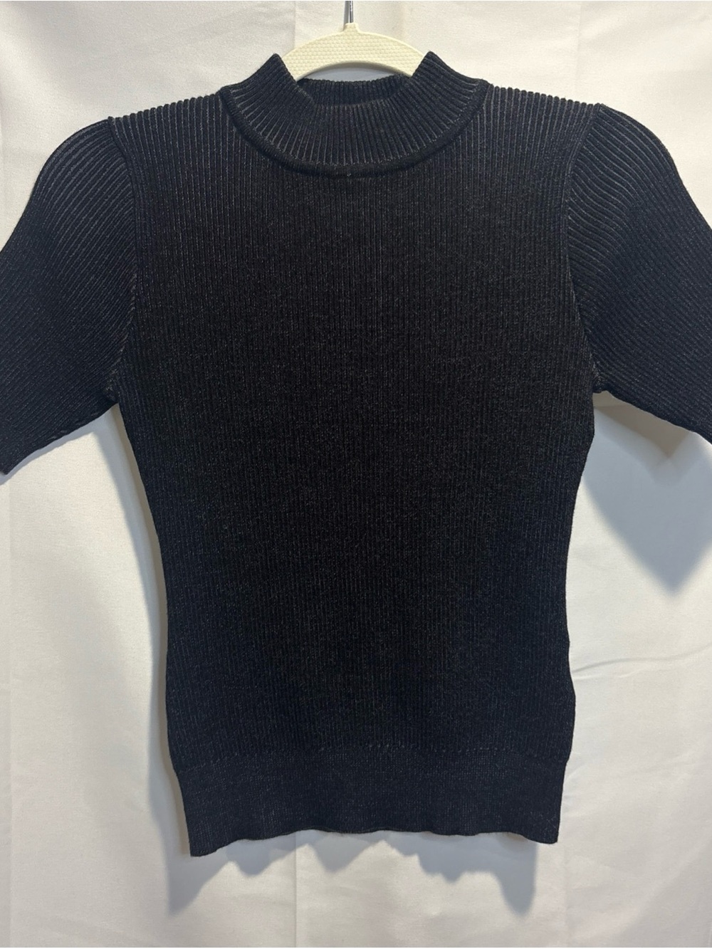 John + Jenn Black Ribbed Short-Sleeve Mock Neck Top